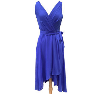 DKNY Chiffon High Low Dress Blue sz 6 Belted Surplice V-neck Wrap Style NWT